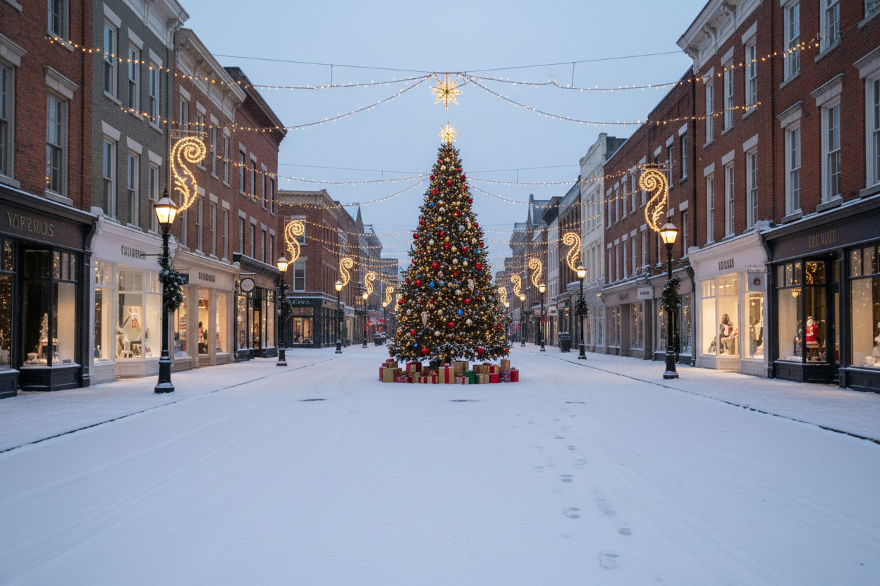 een winkelstraat die leeg is, sneeuw en kerstverlichting en een kerstboom die versiert is