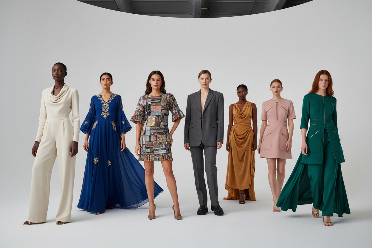 women fashion in short and long clothes and different skins