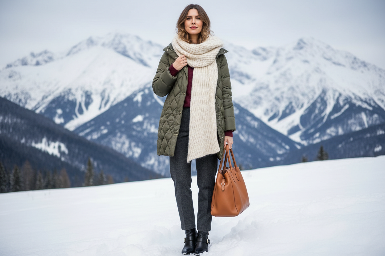 women in winterjacket with a shawl